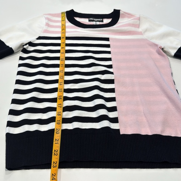 Karl Lagerfeld Paris Stripe Soft Lightweight Sweater Fabric Short Sleeve S - Picture 6 of 11